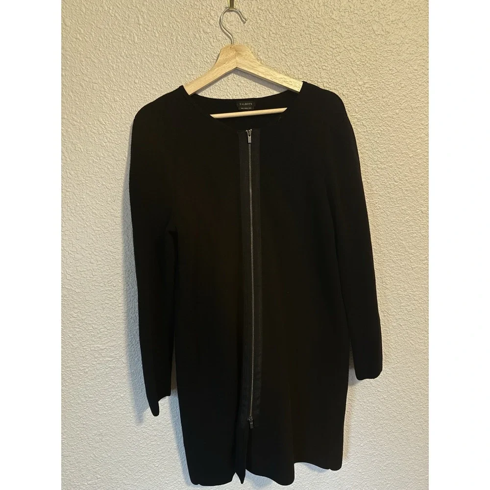 Talbots 100% Wool Long Sweater Tunic Midi Cardigan Jacket Black Full Zip Women L